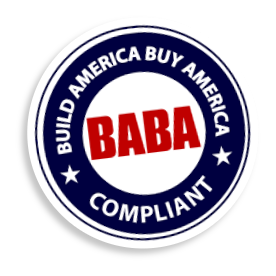 The official circular Build America Buy America Compliant stamp featuring a blue outer ring and bold red text.
