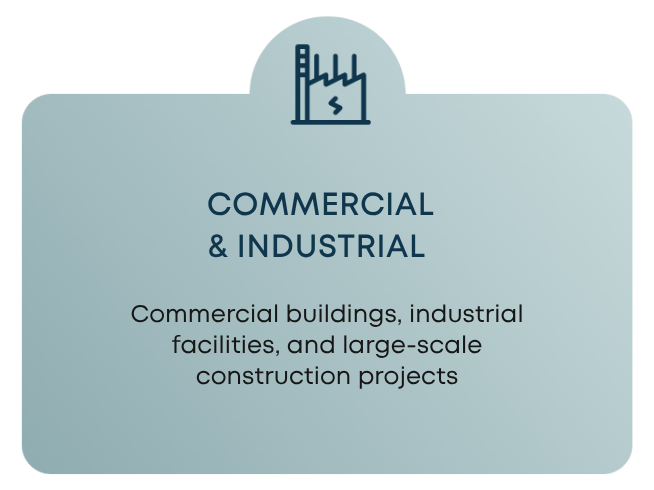 A green gradient product card displaying a commercial plant facility icon and industrial development text.