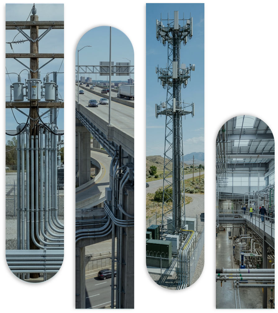 Four vertical graphic panel masks highlighting utility corridors, highways, telecom towers, and production yards.