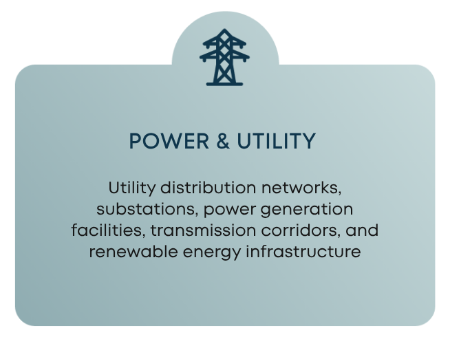A green gradient design badge displaying a power tower utility icon and informational infrastructure text lines.