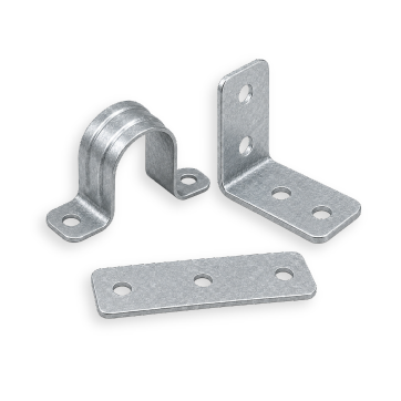 Industrial galvanized steel conduit support hangers and right-angle mounting clamps on a transparent background.