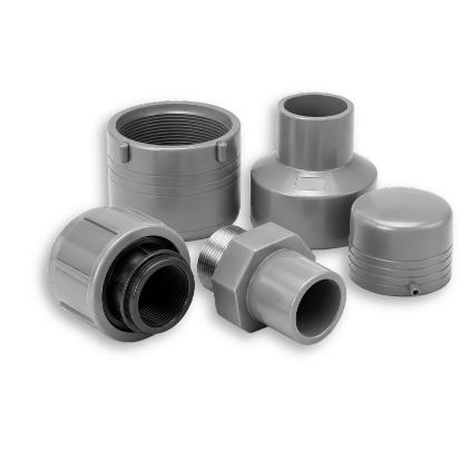 A selection of heavy-duty grey plastic pipeline couplings and structural junction fittings on a white background.