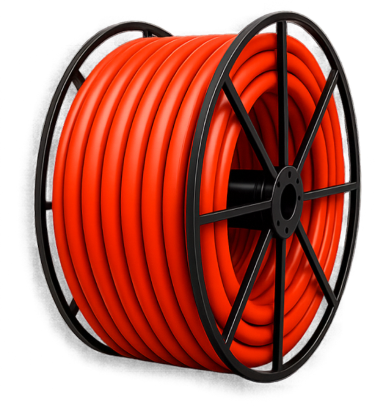 A massive industrial continuous reel wound tightly with bright orange flexible HDPE conduit.