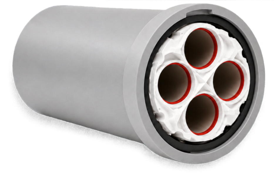 Cross-section engineering render of a heavy-duty grey protective multi-duct pipeline showing internal red micro-duct channels.