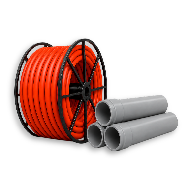 An orange flexible HDPE conduit reel displayed alongside three grey rigid PVC pipes on a transparent background.