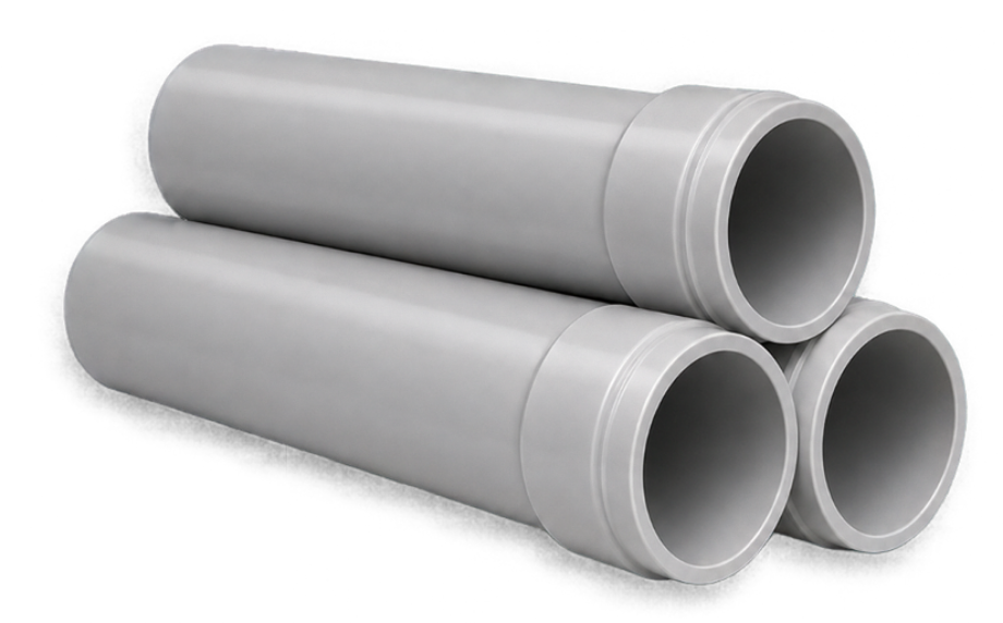 PVC Three hollow grey rigid PVC conduit sticks stacked evenly in a pyramid layout.
