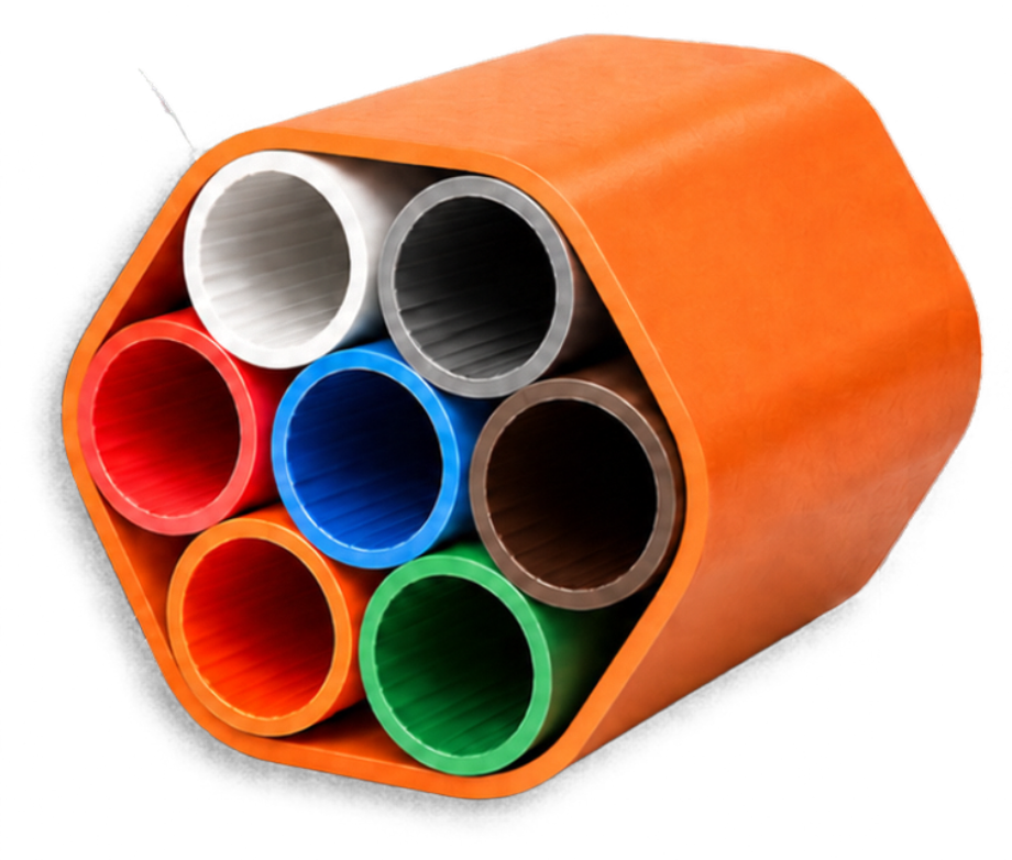 A cross-section render of an orange multi-duct casing packed with seven multi-colored micro-duct internal pathways.