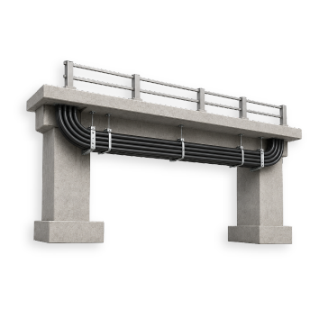 Graphic 3D model illustration of a multi-duct conduit system installed beneath a highway concrete bridge crossing