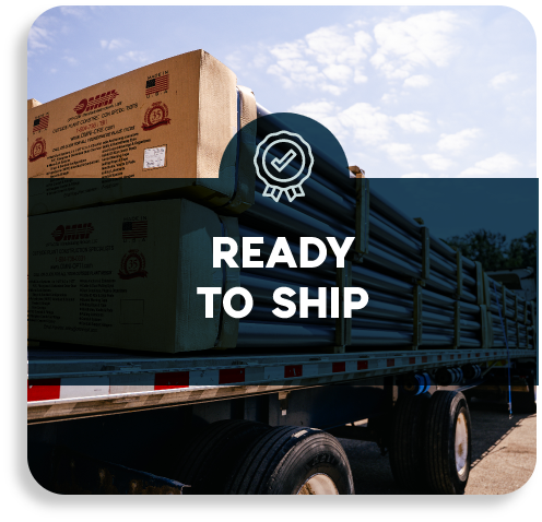 A commercial logistics flatbed trailer carrying massive industrial reels outdoor with a Ready to Ship text overlay.