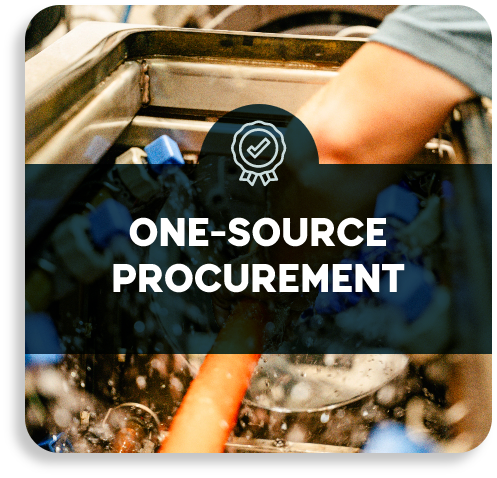 An overhead view of high-density production lines with a One-Source Procurement graphic overlay.