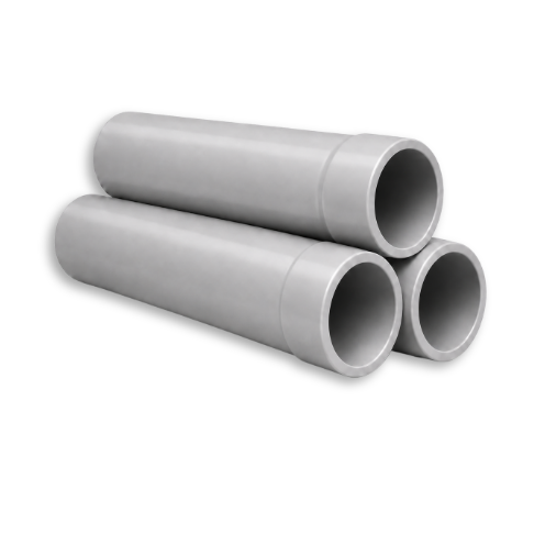 PVC Three hollow grey rigid PVC conduit sticks stacked evenly in a pyramid layout.